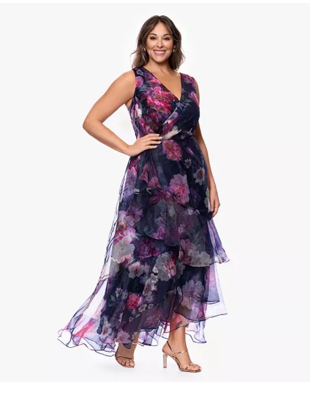 Betsy & Adam Navy and Purple Floral Tiered Chiffon Maxi Dress